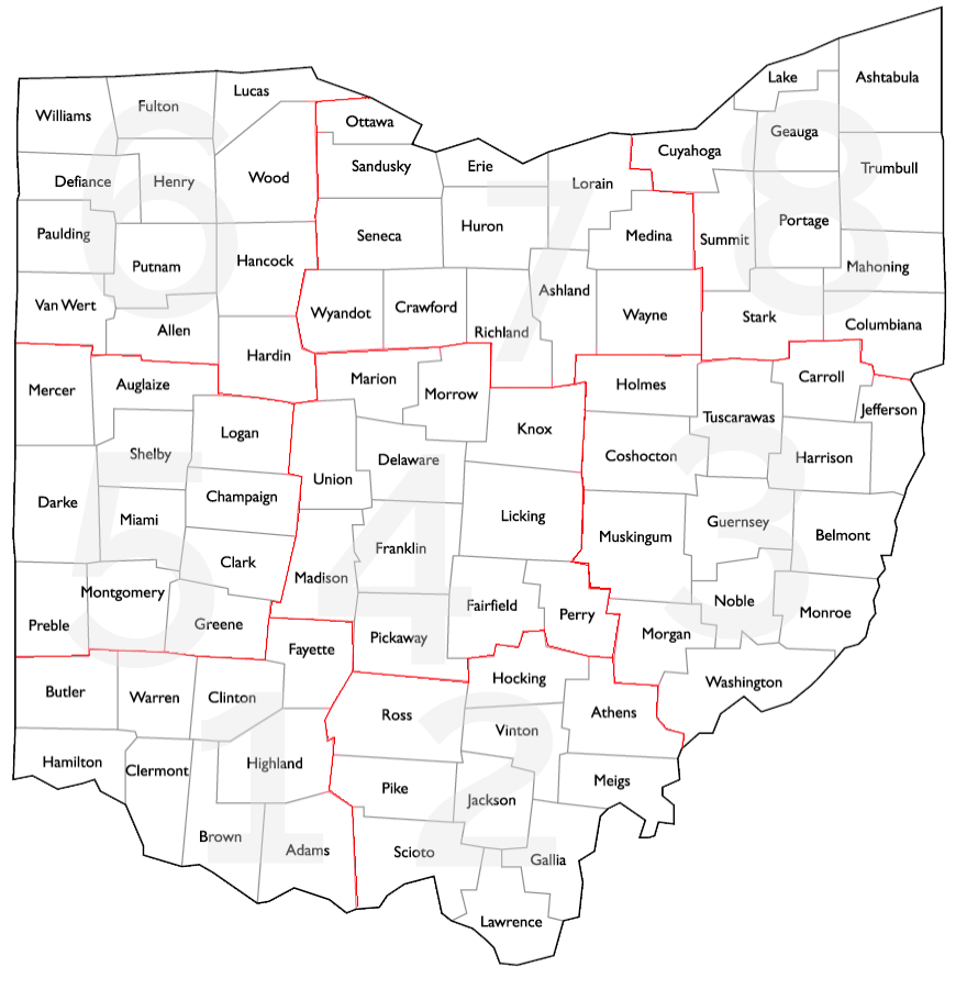 Map of Ohio&rsquo;s 88 counties. Opens the county clerks directory.